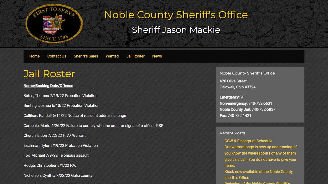 Jail Roster • Noble County Sheriff's Office